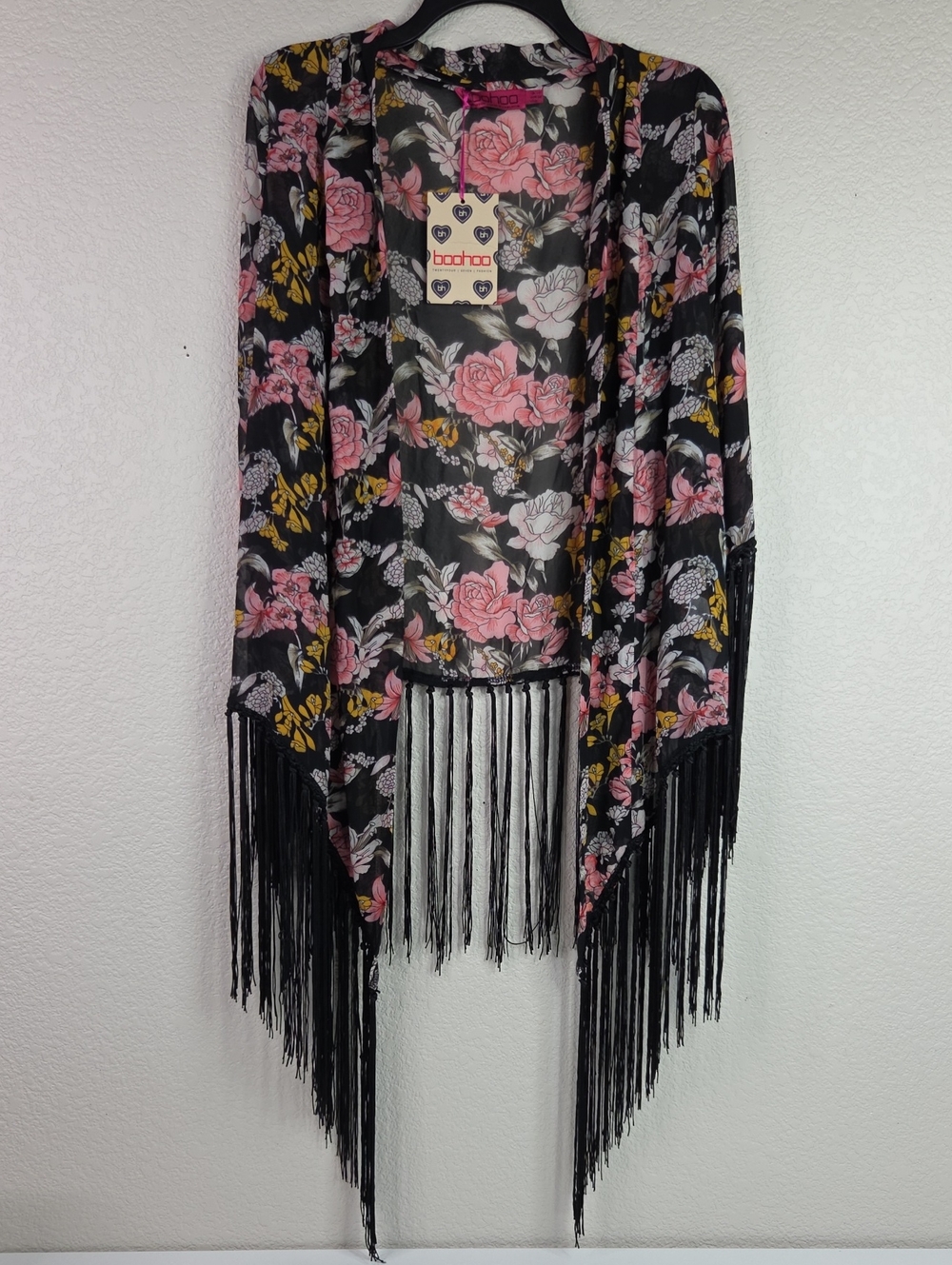 Boohoo Black Floral Fringe Kimono Jacket - Pink & Gold Floral Accents